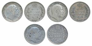 Edward VII, Silver ½ Rupee (3), 1906 & 1910 Calcutta Mint; 1907 Bombay Mint. Fine to About