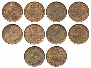 George V, Copper ¼ Anna (5), 1913, 1914, 1918, 1920 & 1927. Uncirculated. (5)