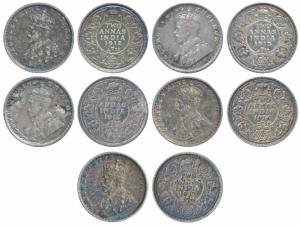 George V, Silver 2 Annas (5), 1912, 1913 & 1915, Bombay Mint; 1916 & 1917 Calcutta Mint. V