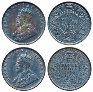 George V, Silver ¼ Rupee (2), 1928, Bombay Mint (Prid 459); 1936, Bombay Mint (Prid 460). 