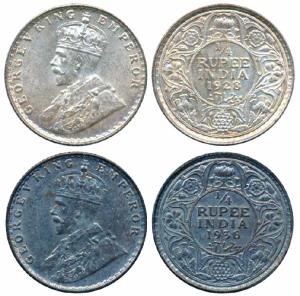 George V, Silver ¼ Rupee (2), 1928, Bombay Mint (Prid 459); 1936, Bombay Mint (Prid 460). 