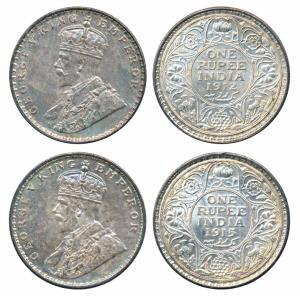George V, Silver Rupee (2), 1912, Bombay Mint (Prid 218); 1915 Bombay Mint, (Prid 221). Ni