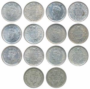 George VI, Half Silver ¼ Rupee (7), 1939, 1940, 1942, 1943, 1944, 1945 & 1945 Large 5. Abo