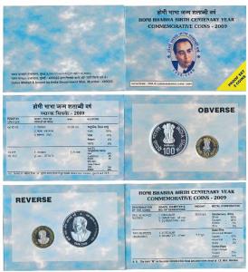 2009 Proof Set, Homi Bhabha Birth Centenary, set of Rupees 10 (bi-metal) and 100. In immac