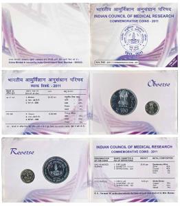 2011 Uncirculated Set, Indian Council of Medical Research, set of 2, Rupees 5 and 100. In 