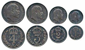 Great Britain, Edward VII, Silver (4), Set of Maundy Money, 1905, 4, 3, 2 and 1 Shilling, 