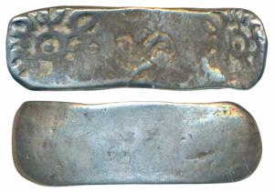 Archaic Punch Marked Coinage, attributed to Gandhara Janapada, Bent Bar, Silver 5 Shana, 1