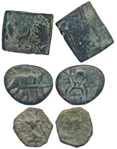 Pre-Satavahana, Bhadras of Vidarbha, Copper Unit, 6.2g, obv. horse, an elephant, fish in r