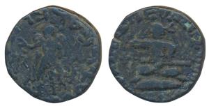 Indo-Scythians, Azes II, Copper Tetradrachm, 9.07g, Taxilia, obv. king seated cross-legged