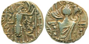 Guptas, Samudragupta, North Indian Type, Gold Dinara, 7.61g, obv. king nimbate standing le