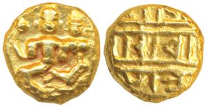 Vijayanagar, Devaraya I, Gold Pagoda, 3.35g, Shiva-Parvati seated, Siva holding antelope h