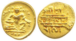 Vijayanagar, Krishna Deva Raya (1509-1529 AD), Gold ½ Pagoda, 1.69g, obv. Seated Balakrish