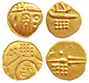 Marathas, Tanjavore, Venkoji, Gold Fanam (2), obv. ‘Kali’ design with letter ‘Ve’, rev. st