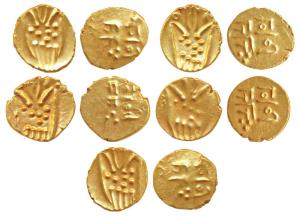 Tanjore Fanams, Gold , Nayaks of Tanjore, Raja Ram type, obv. Kali, rev. Rma Rau. Extremel