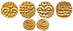 Veera Raya, Gold Fanam (2), obv. stylized lion standing right with crescent above; rev. se