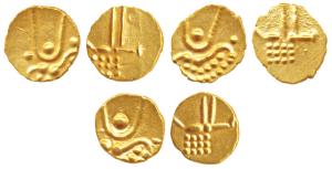 Veera Raya, Gold Fanam (3), obv. stylized lion standing right with crescent above; rev. se