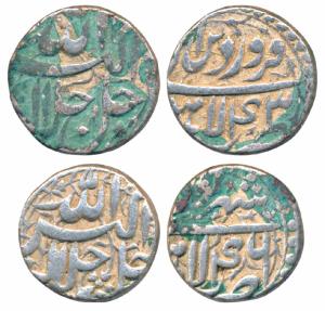 Akbar, Silver Rupee (2), 11.49g &11.52g, Lahore Mint, Ilahi type, Month Shahrewar Year 46;