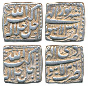 Akbar, Silver Square Rupee (2), 11.41g & 11.38g, Lahore Mint, Ilahi type, Month Shahrewar 