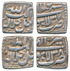 Akbar, Silver Square Rupee (2), 11.46g & 11.51g, Lahore Mint, Ilahi type, Month Shahrewar 