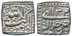 Akbar, Silver Square Rupee, 11.24g, Mintless and Monthless type, Year 34 (KM 91.1). About 