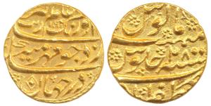 Aurangzeb, Gold Mohur, 11.02g, Zafarabad Mint, AH 1095/28, 0 over 5 in date, the last digi