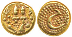 Haider Ali, Gold Pagoda, 3.41g, obv. Shiva and Parvati seated, rev. Persian letter He in g