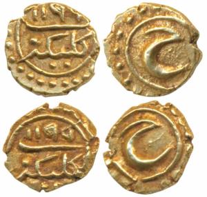 Tipu Sultan, Gold Fanam (2), 0.39g each, Kalikut, AH 1199, Persian He on rev. (KM 78). Abo