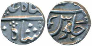 Silver ½ Rupee, 5.68g, probably Sankheda Mint, in the name of Shah Alam II, sword as mint 