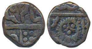 Copper Paisa, 6.95g, Malharnagar Mint, sunface, in the name of Shah Alam II (KM A61.1). Ve