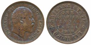 Jaswant Singh (1890-1918 AD), Copper ¼ Anna, with the name and portrait of Edward, 1908 (P