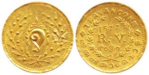 Rama Varma IV (ME 1035-1055; 1860-1880), Gold Pagoda, 2.5g, 1877, obv. conch shell within 