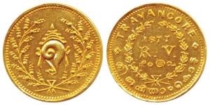 Rama Varma IV (1860-1880), Gold Double / 2 Pagoda, 5.07g, 1877, obv. conch shell within wr