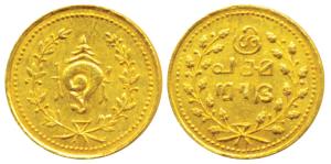 Tulabharam issue (1870-1931 AD), Gold ½ Pagoda, 1.28g, obv. conch shell within wreath, rev