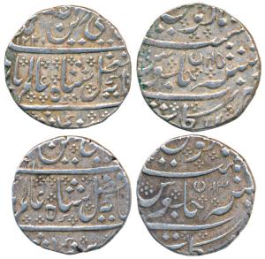 Arkat Mint, Silver Rupee (2), in the name of Shah Alam II, AH 1220/45 and 12(21)/43, cresc