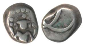 Silver Double Fanam, 1.8g, reduced weight, crude, Vishnu standing on obv., interlocked C’s