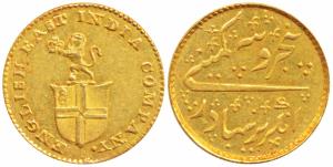 Gold Rupees 5 or 1/3 Mohur, 3.87g, obv. company arms with a lion holding a crown, rev. Per