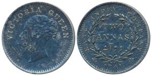 Victoria Queen, Silver 2 Annas, 1841, continuous legend, Madras Mint, English Head, S incu