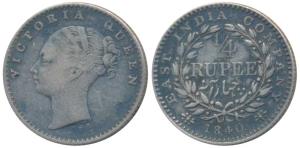 Victoria Queen, Silver ¼ Rupee, 1840, continuous legend, Calcutta Mint, Mule, Indian head,