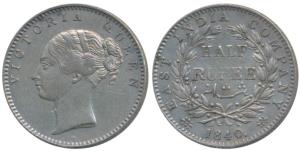 Victoria Queen, Silver ½ Rupee, 1840, continuous legend, Calcutta Mint, English Head, 19 B