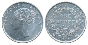 Victoria Queen, Silver Rupee, 1840, continuous legend, Bombay Mint, English Head with Modi