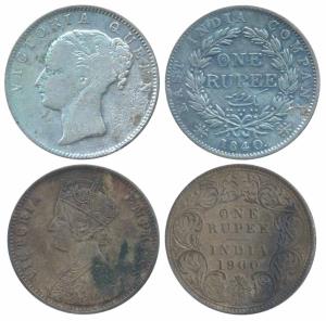 Victoria Queen, Silver Rupee, 1840, continuous legend; Victoria Empress, Silver Rupee, 190