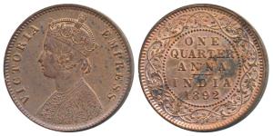 Victoria Empress, Copper ¼ Anna, 1892, Calcutta Mint (Prid 625). About Uncirculated, Rare.