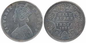 Victoria Empress, Silver ½ Rupee, 1878, Calcutta Mint, A / I / No mint mark, (Prid 262). A