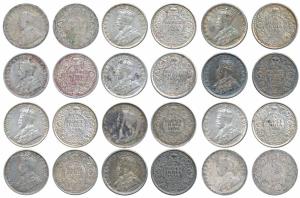 George V, Silver ¼ Rupee, 1917, 1925, 1928 (4), 1934 & 1936 (4), one date rubbed, Bombay &