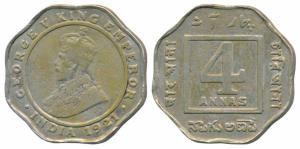 George V, Cupro-Nickel 4 Annas, 1921, Calcutta Mint, Unlisted in Pridmore. Fine, Rare.