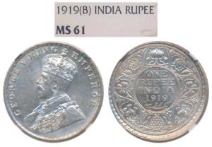 George V, Silver Rupee, 1919, Bombay Mint, the rev. marginally off-center. Graded by NGC M