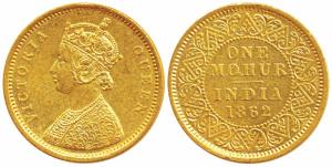 Victoria Queen, Gold Mohur, 1862, obv. single flower in bottom panel of jabot, V in relief