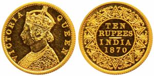 Victoria Empress, Gold Rupees 10, 1870, (Prid 29, KM 479). Superb Mint State, Proof Restri