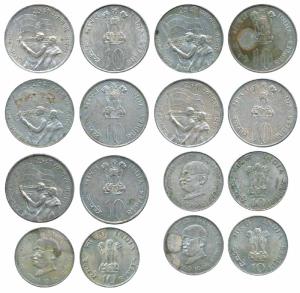 Silver Rupees 10 (8), 1969, Gandhiji Birth Centennial (3); 1972, 25th Anniversary Indian I