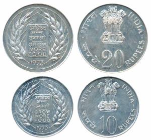 Silver Rupees 10 & 20, 1973, Grow More Food. Uncirculated. (2)